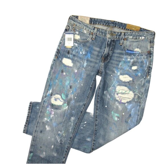 NWT POLO Ralph Lauren Astor Boyfriend in Blue Paint Splatter Jeans 27 $245 - Picture 2 of 5